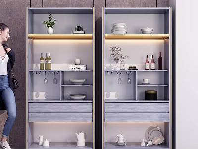 Modern Light Gray Wine Cabinet With Shelves for Wine Bottles Cups Dishes and Decor 3d model