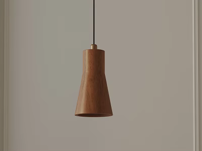 Scandinavian Natural Wood Conical Pendant Light Against Neutral Wall Background 3d model
