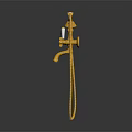 Golden Vintage Bathroom Faucet With Handheld Shower And White Handles Curved Hose Polished Finish