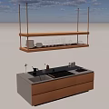 Modern Copper Bar Counter With Hanging Shelf Wine Glasses Plates And Textured Wall