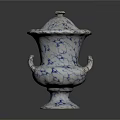 Traditional Blue And White Porcelain Lidded Vase With Ornate Handles And Crackle Pattern