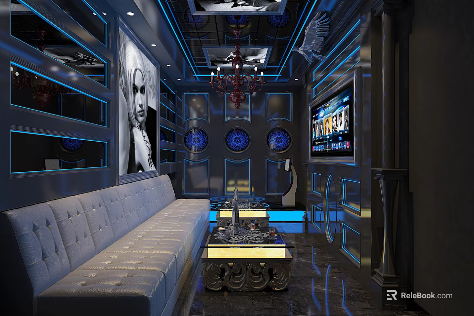 Modern KTV Interior Design With Luxury Sofa TV Screen And Decorative Lighting 3d model 