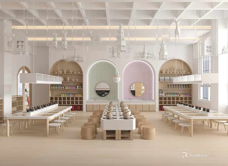 School Cafeteria Bright Spacious Interior With Arches Storage And Tables 3d model