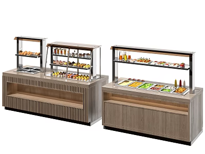 Wooden Food Display Counters With Glass Covers And Shelves For Various Food Items 3d model