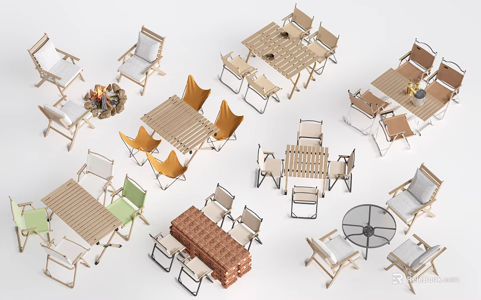 Outdoor Garden Furniture Set With Wooden Tables And Comfortable Chairs For Patio Use 3d model 