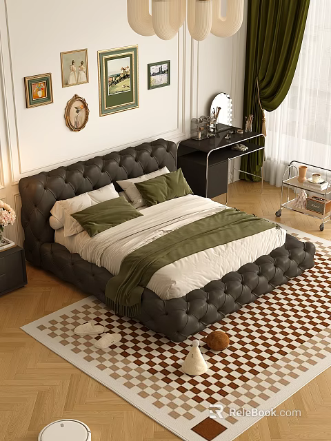 Background Double Bed With Tufted Leather Headboard Green Pillows And Checkered Rug In Bedroom Interior 3d model 
