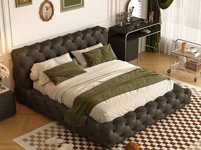 Background Double Bed With Tufted Leather Headboard Green Pillows And Checkered Rug In Bedroom Interior 3d model