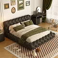 Background Double Bed With Tufted Leather Headboard Green Pillows And Checkered Rug In Bedroom Interior