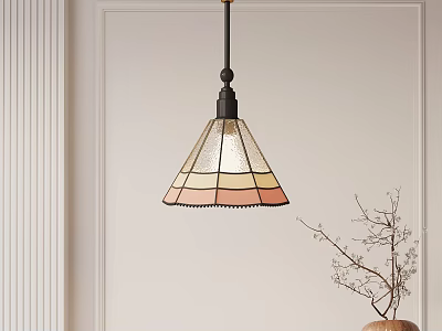 Stained Glass Pendant Light With Pastel Colors Hanging Over White Wall And Twig Decoration 3d model