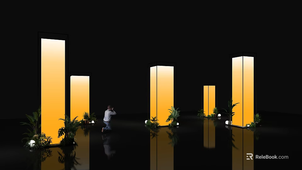 Event Passage In Black Background With Illuminated Yellow Pillars Green Plants And Reflective Floor 3d model 