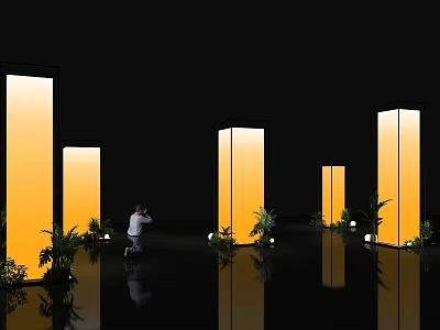 Event Passage In Black Background With Illuminated Yellow Pillars Green Plants And Reflective Floor 3d model