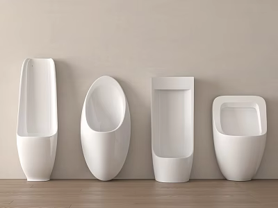 Four White Urinals Mounted Against Wall in Indoor Area With Wooden Floor 3d model