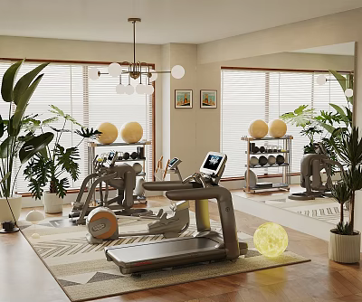 Modern Home Fitness Equipment With Treadmill Dumbbells Fitness Balls Mirrors And Green Plants 3d model