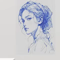 Blue Line Female Portrait Sketch With Detailed Hair And Clothing Artwork