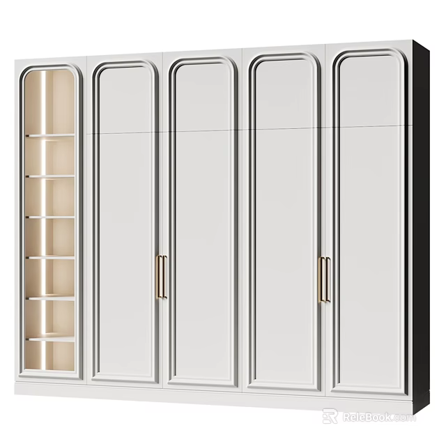 Modern White Wardrobe Design With Glass Panels And Metal Handles 3d model 