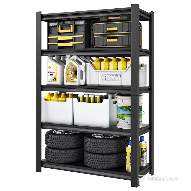 Storage Shelf With Black And Yellow Toolboxes Oil Containers Yellow Bottles White Buckets And Tires 3d model 