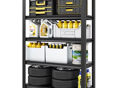 Storage Shelf With Black And Yellow Toolboxes Oil Containers Yellow Bottles White Buckets And Tires 3d model