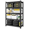 Storage Shelf With Black And Yellow Toolboxes Oil Containers Yellow Bottles White Buckets And Tires