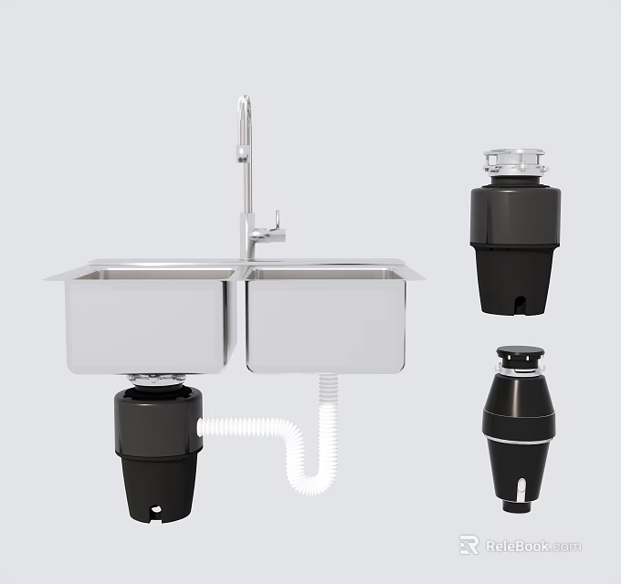Stainless Steel Double Bowl Kitchen Sink with Faucet and Garbage Disposal Units 3d model 