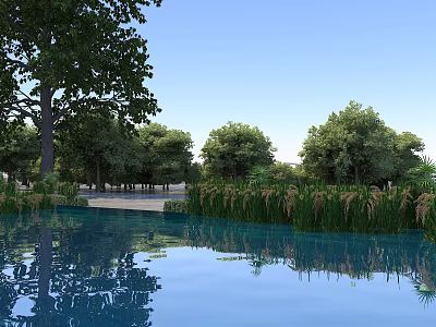 Serene Natural Landscape With Calm Reflective Lake Lush Green Trees And Bright Blue Sky 3d model