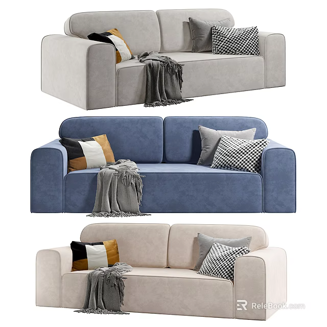 Blue Gray and Beige Sectional Sofas with Decorative Pillows and Throw Blankets 3d model
