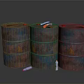 Vintage Food Grade Oil Barrels In Red Blue Tones With Yellow Symbols And Small Seasoning Bottles For Kitchen