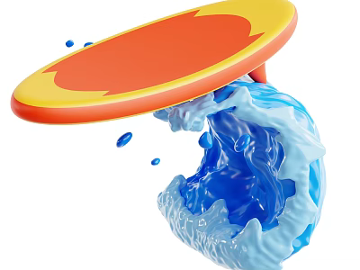 Vibrant Yellow Orange Surfboard Over Blue Water Splash Waves Design 3d model