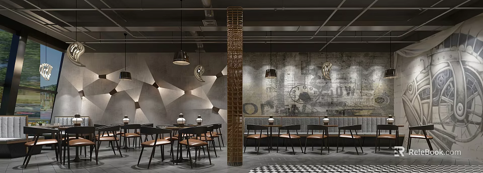 Stylish Bar Interior Design With Wooden Tables Chairs Pendant Lights Decorative Wall And Checkerboard Floor 3d model 