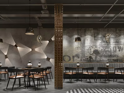 Stylish Bar Interior Design With Wooden Tables Chairs Pendant Lights Decorative Wall And Checkerboard Floor 3d model