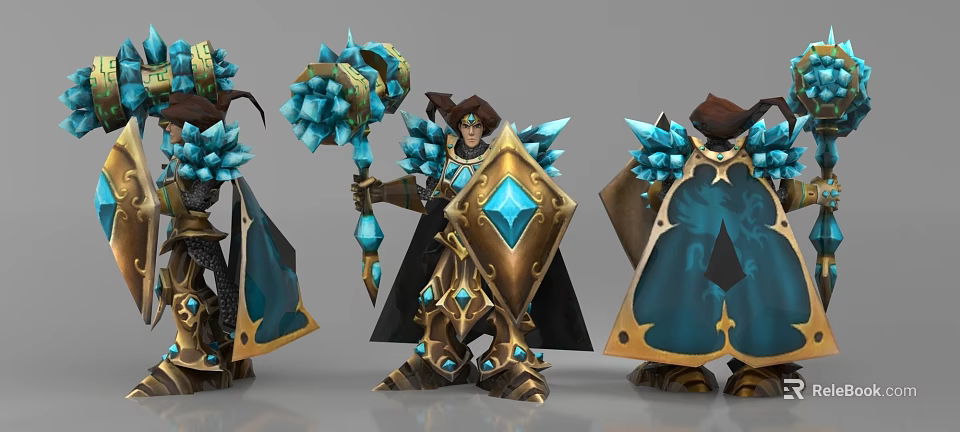 Multiple Angles View Of Fantasy Game Character In Golden Armor With Blue Crystal Hammer And Cloak 3d model 