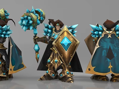 Multiple Angles View Of Fantasy Game Character In Golden Armor With Blue Crystal Hammer And Cloak 3d model