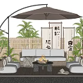 Outdoor Sofa Setup With Fire Pit Coffee Table Umbrella And Bamboo Fence Plants