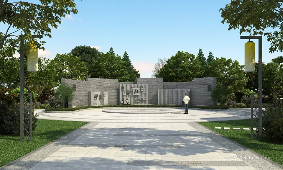 Gray Stone Scenic Wall With Green Trees Lawn And Stone Pavement In Garden 3d model 