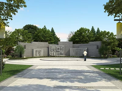 Gray Stone Scenic Wall With Green Trees Lawn And Stone Pavement In Garden 3d model