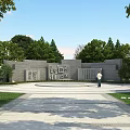 Gray Stone Scenic Wall With Green Trees Lawn And Stone Pavement In Garden