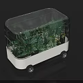 Modern Transparent Mobile Plant Container Structure With Lush Green Plants And Wheels