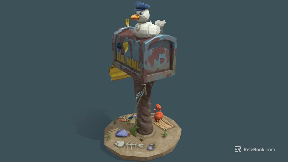 Seagull Perched On Rustic Painted Mailbox With Crab Shells And Fish Bone On Sandy Base 3d model 