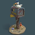 Seagull Perched On Rustic Painted Mailbox With Crab Shells And Fish Bone On Sandy Base