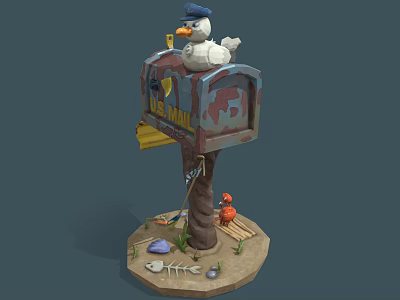 Seagull Perched On Rustic Painted Mailbox With Crab Shells And Fish Bone On Sandy Base 3d model