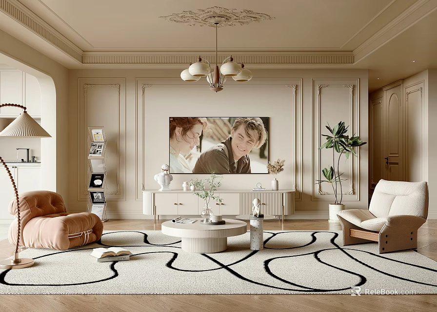 Elegant Living Room Interior Design With Beige Armchairs Round Coffee Table And Geometric Rug 3d model 