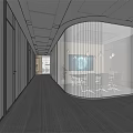 Spacious Modern Office Corridor With Glass Partitions And Ceiling Light Strips 3d model