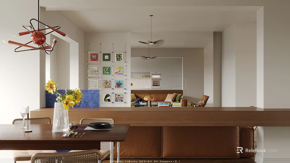 Modern Living and Dining Room Interior with Dining Table Sofa Wall Art and Pendant Light 3d model 