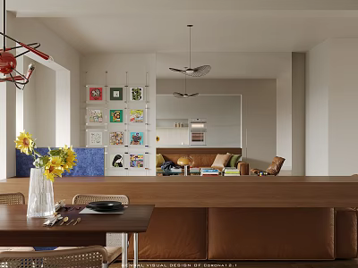 Modern Living and Dining Room Interior with Dining Table Sofa Wall Art and Pendant Light 3d model