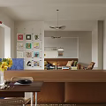 Modern Living and Dining Room Interior with Dining Table Sofa Wall Art and Pendant Light
