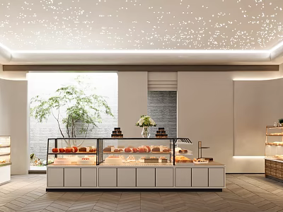 Modern Dessert Shop Interior With Sweet Displays And Greenery 3d model