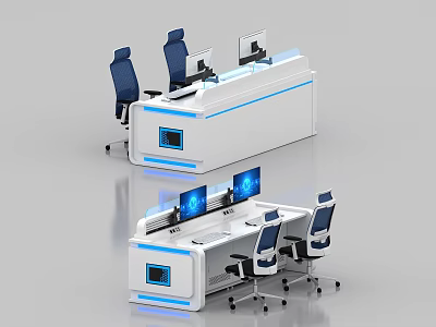 Modern Control Room Setup With Console Multiple Monitors Blue Accents And Office Chairs 3d model
