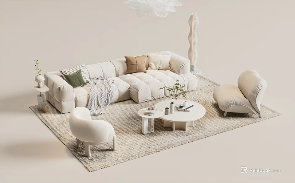 Modern Beige Sofa And Round White Coffee Table Set With Throw Pillows Accent Chairs 3d model 