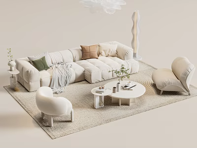 Modern Beige Sofa And Round White Coffee Table Set With Throw Pillows Accent Chairs 3d model