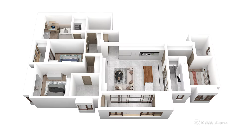 Birds Eye View Of Modern Apartment Interior Layout With Living Room Bedroom And Kitchen Furniture 3d model 