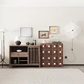Wooden Console Cabinet And Sideboard With Storage Decorative Lamps Framed Art And Tea Set